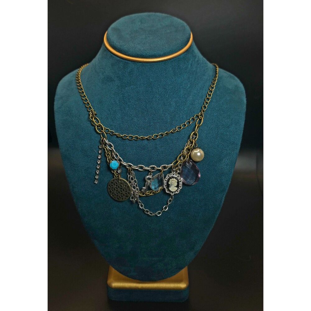 Eclectic Mixed-Metal Cameo & Key Junk Charm Necklace